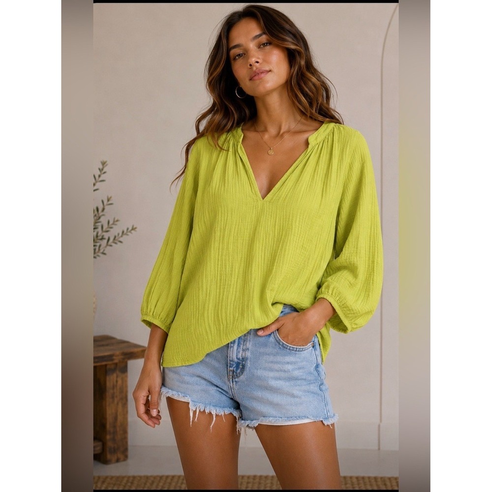 NATION LOS ANGELES ANTHROPOLOGIE Mimi Gauze Lime Green Top Peasant Boho Large